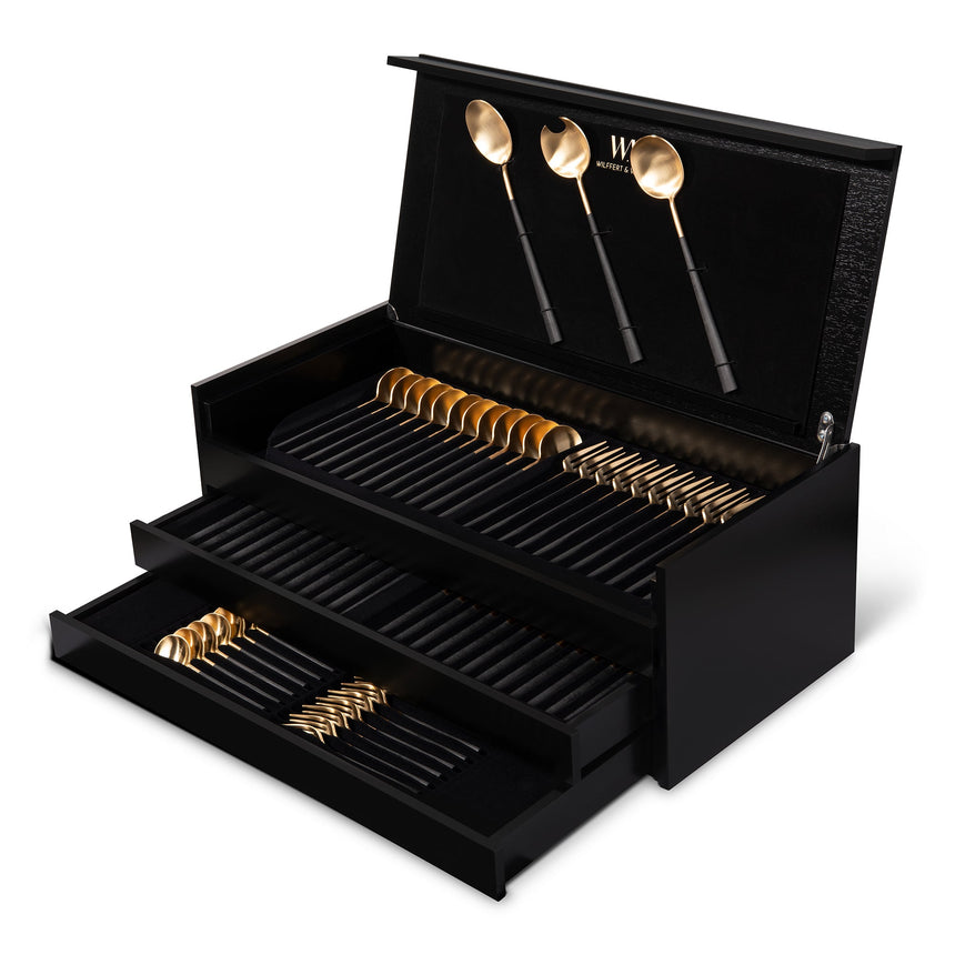 Wilffert & Wilffert gold and black flatware set for summer dinners